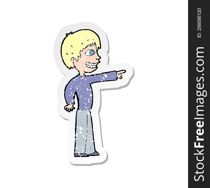 Retro Distressed Sticker Of A Cartoon Grinning Boy Pointing
