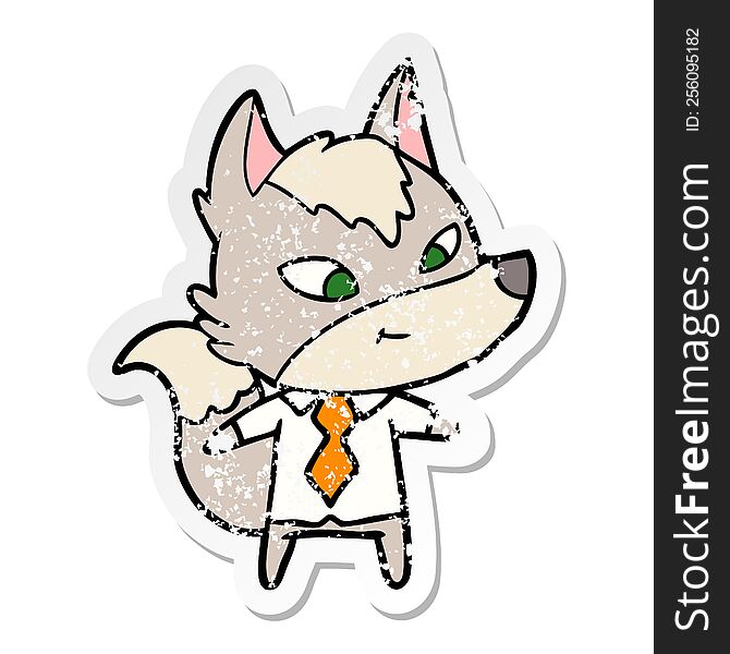 distressed sticker of a friendly cartoon wolf manager