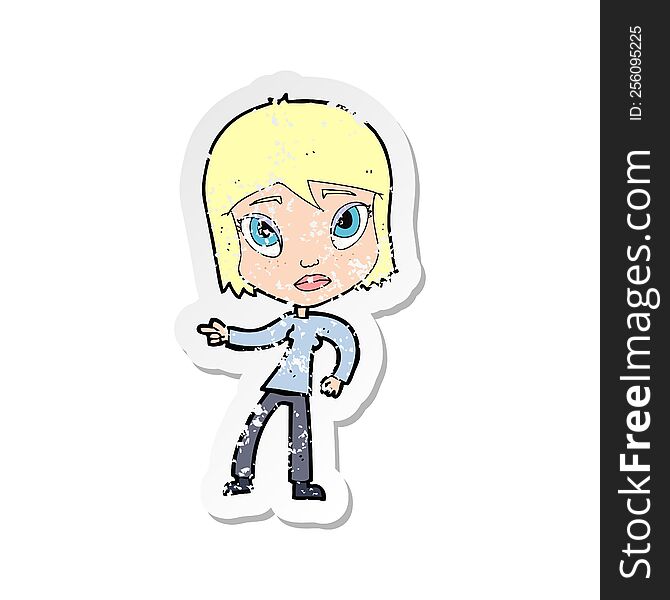 Retro Distressed Sticker Of A Cartoon Pointing Woman