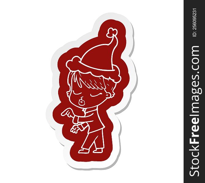 quirky cartoon  sticker of a woman with eyes shut wearing santa hat
