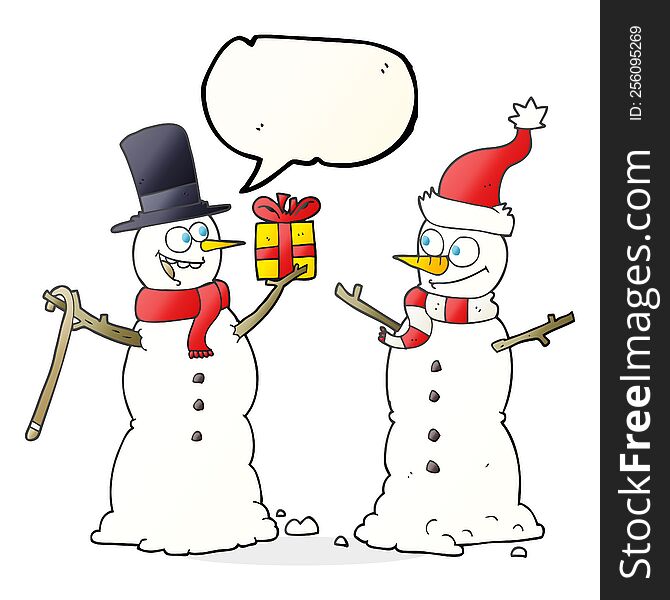 Speech Bubble Cartoon Snowmen Exchanging Gifts