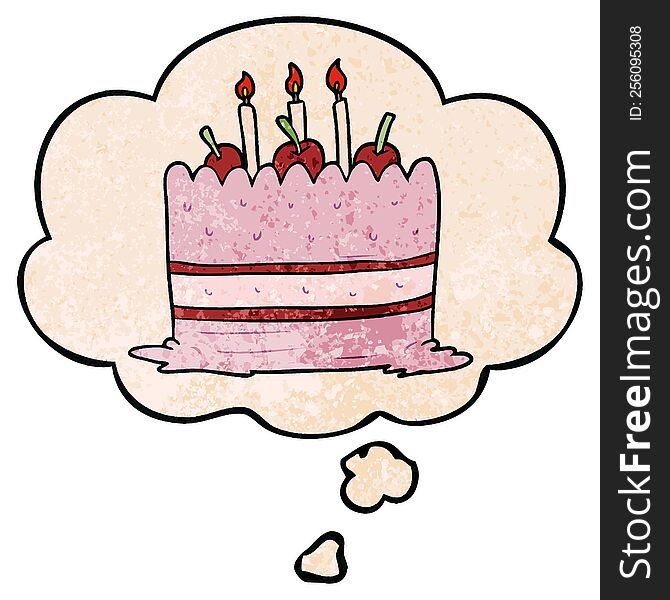 cartoon cake and thought bubble in grunge texture pattern style