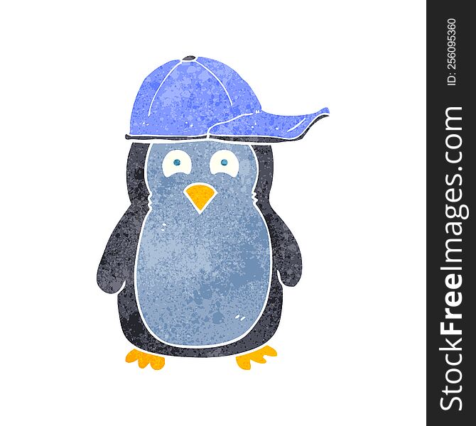 freehand retro cartoon penguin wearing hat