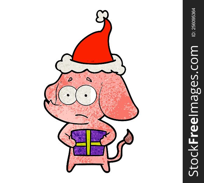 hand drawn textured cartoon of a unsure elephant with christmas present wearing santa hat