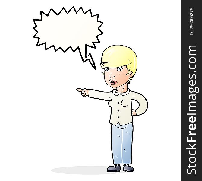 cartoon woman pointing finger of blame with speech bubble
