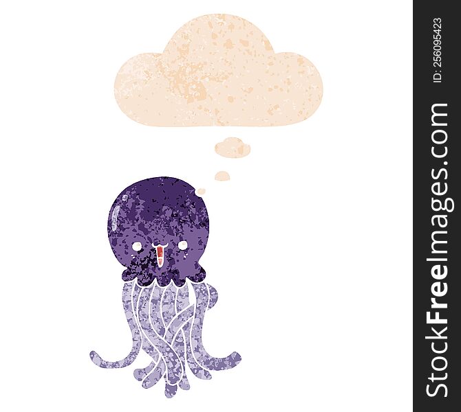 Cartoon Jellyfish And Thought Bubble In Retro Textured Style