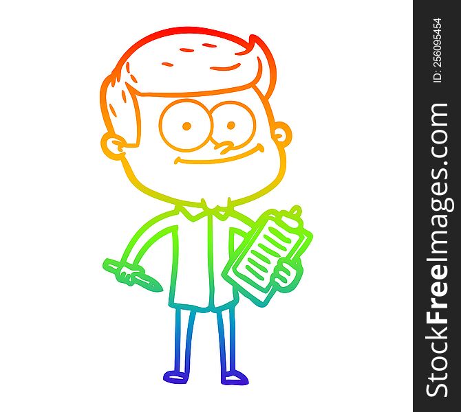 rainbow gradient line drawing of a cartoon happy salesman