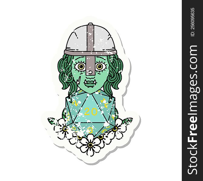 grunge sticker of a half orc fighter character with natural twenty dice roll. grunge sticker of a half orc fighter character with natural twenty dice roll