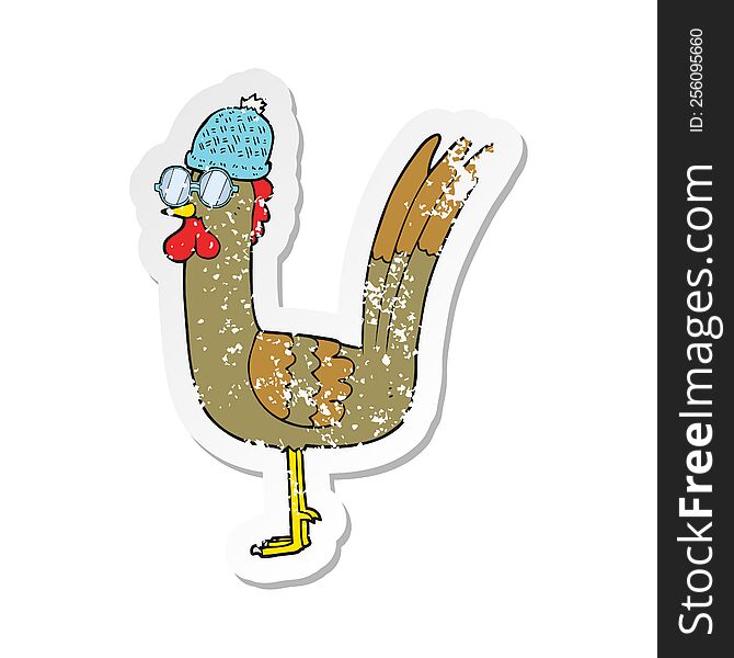 retro distressed sticker of a cartoon chicken wearing disguise