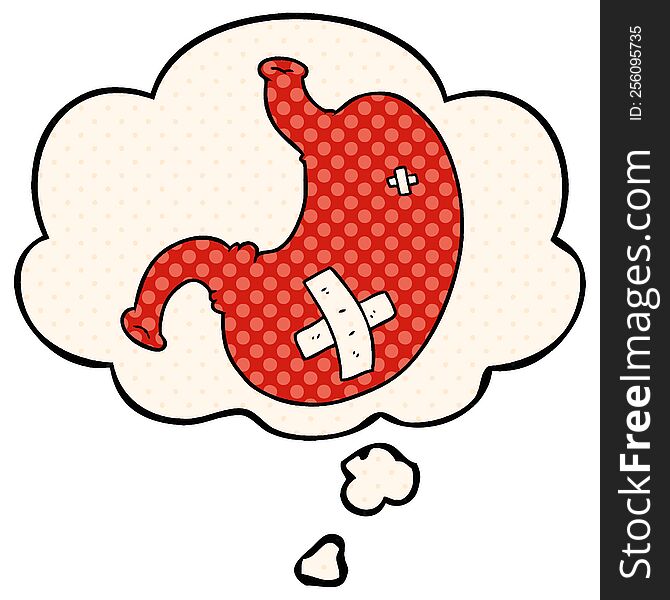 cartoon stomach with thought bubble in comic book style