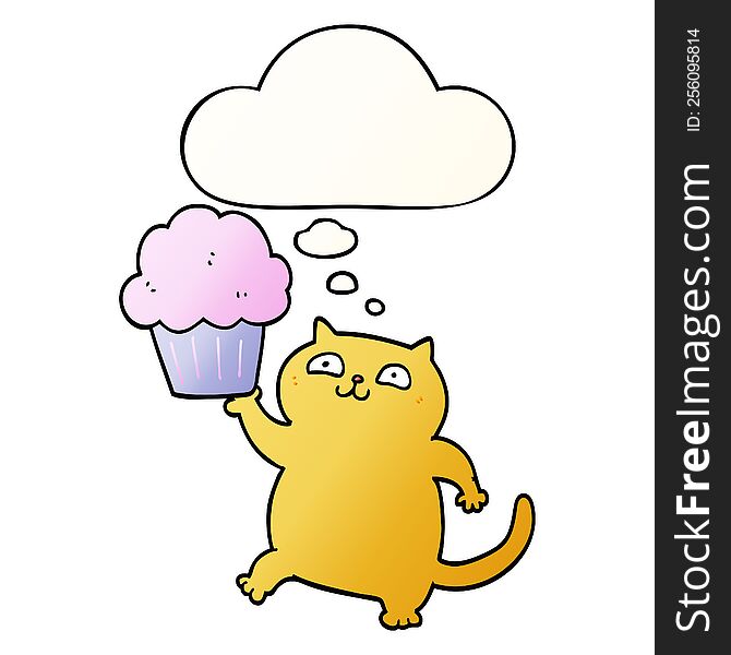 Cartoon Cat With Cupcake And Thought Bubble In Smooth Gradient Style