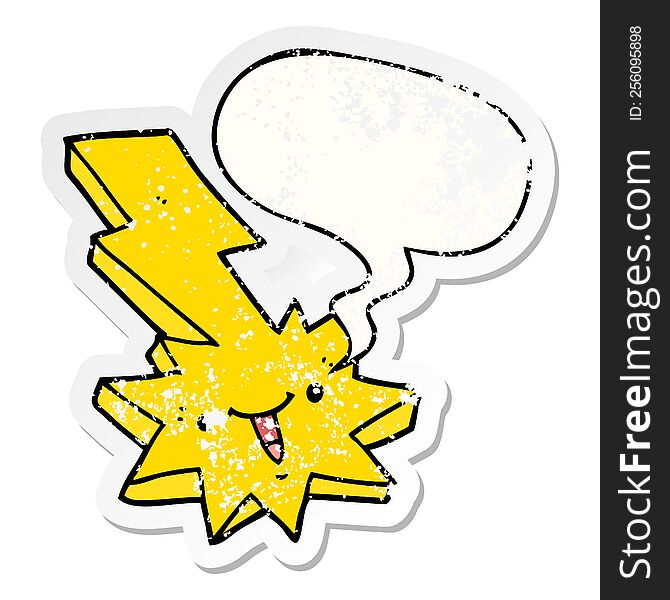 cartoon lightning strike with speech bubble distressed distressed old sticker. cartoon lightning strike with speech bubble distressed distressed old sticker