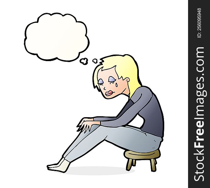 cartoon crying woman with thought bubble