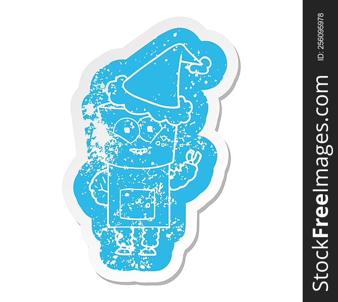 Happy Cartoon Distressed Sticker Of A Robot Waving Hello Wearing Santa Hat