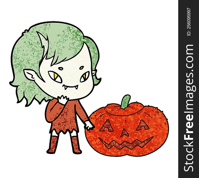 cartoon friendly vampire girl considering pumpkin. cartoon friendly vampire girl considering pumpkin
