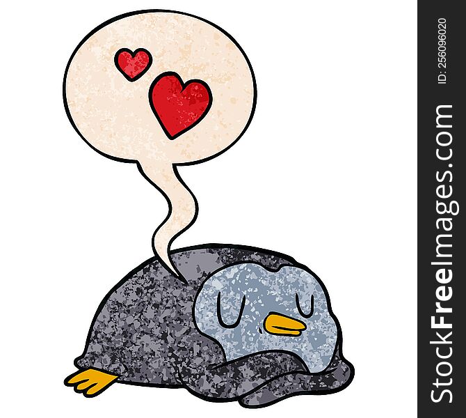 cartoon penguin and love hearts and speech bubble in retro texture style