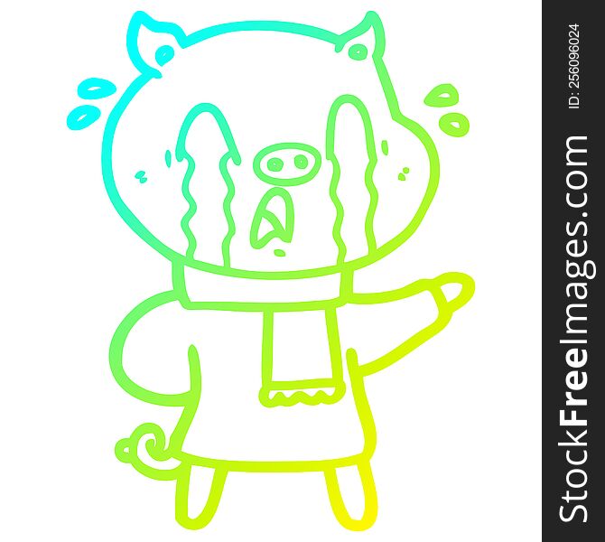 cold gradient line drawing of a crying pig cartoon wearing human clothes