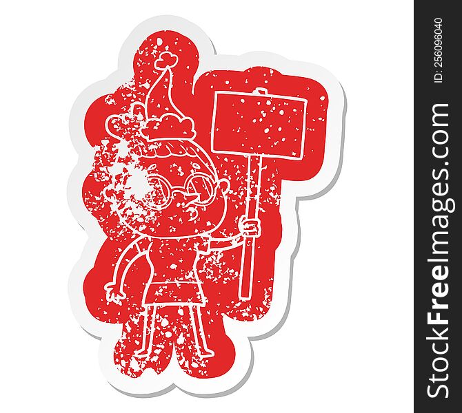 cartoon distressed sticker of a woman wearing glasses wearing santa hat