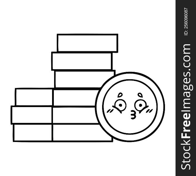 line drawing cartoon of a coins. line drawing cartoon of a coins