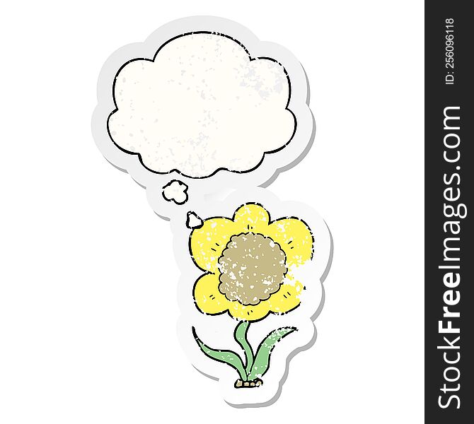 Cartoon Flower And Thought Bubble As A Distressed Worn Sticker