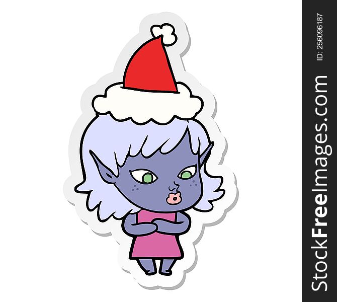 pretty hand drawn sticker cartoon of a elf girl wearing santa hat. pretty hand drawn sticker cartoon of a elf girl wearing santa hat