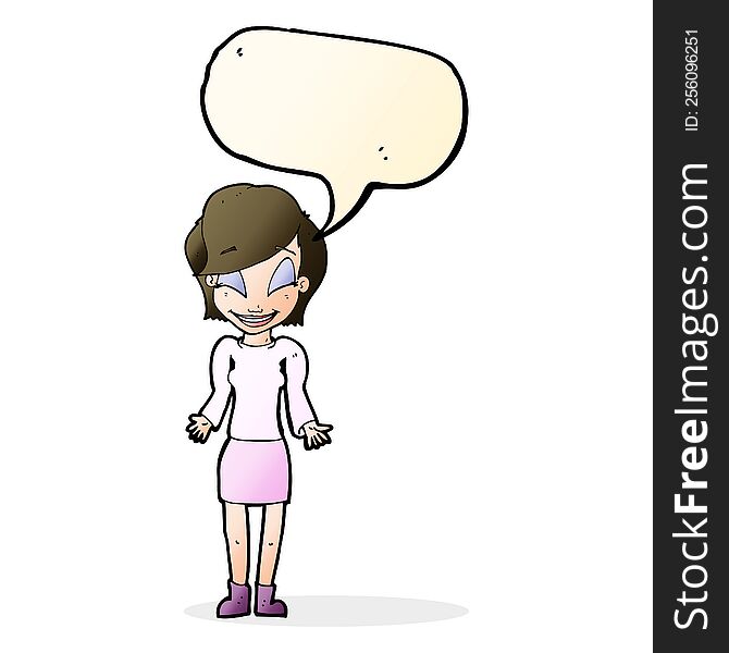 Cartoon Happy Woman Shrugging Shoulders With Speech Bubble
