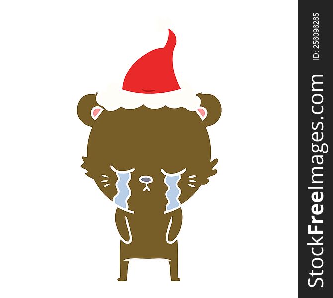 Crying Flat Color Illustration Of A Bear Wearing Santa Hat