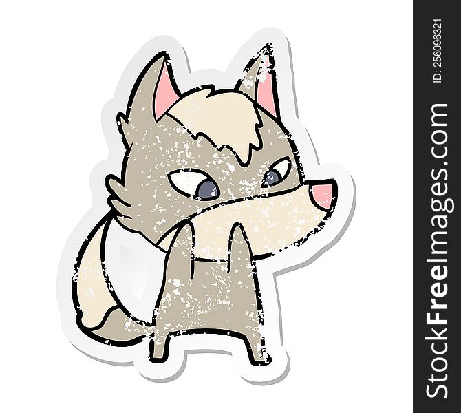 distressed sticker of a shy cartoon wolf