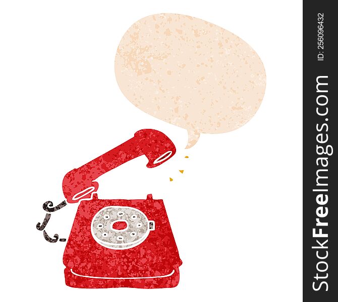 cartoon old telephone and speech bubble in retro textured style