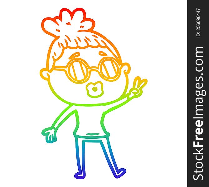 rainbow gradient line drawing of a cartoon woman making peace sign