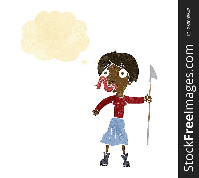 cartoon woman with spear sticking out tongue with thought bubble