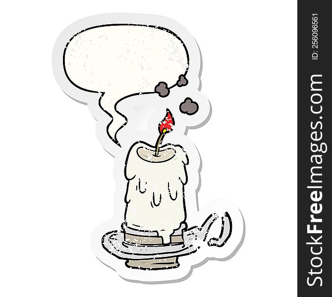 cartoon old spooky candle in candleholder and speech bubble distressed sticker