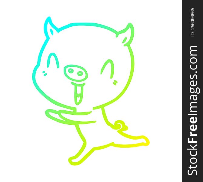 cold gradient line drawing of a happy cartoon pig running