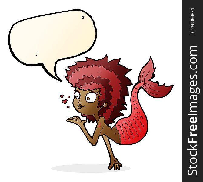 cartoon mermaid blowing a kiss with speech bubble