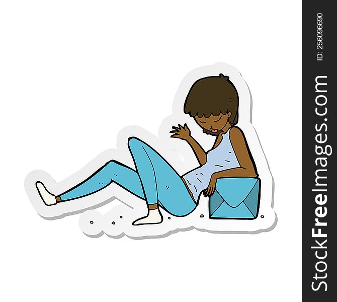 sticker of a cartoon woman leaning on package box