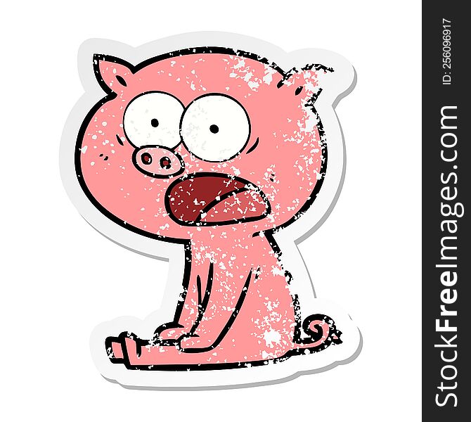 Distressed Sticker Of A Cartoon Sitting Pig Shouting