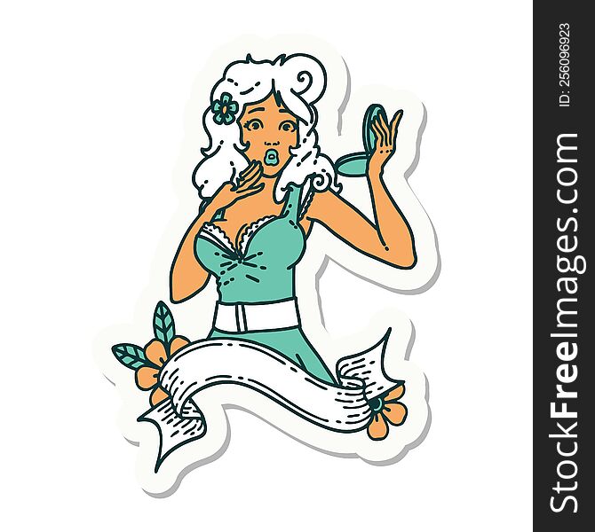 sticker of tattoo in traditional style of a pinup surprised girl with banner. sticker of tattoo in traditional style of a pinup surprised girl with banner