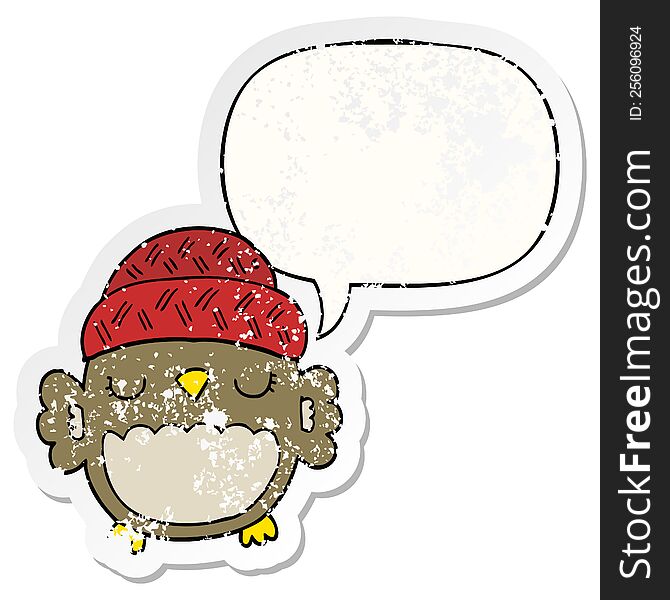 cute cartoon owl in hat with speech bubble distressed distressed old sticker. cute cartoon owl in hat with speech bubble distressed distressed old sticker