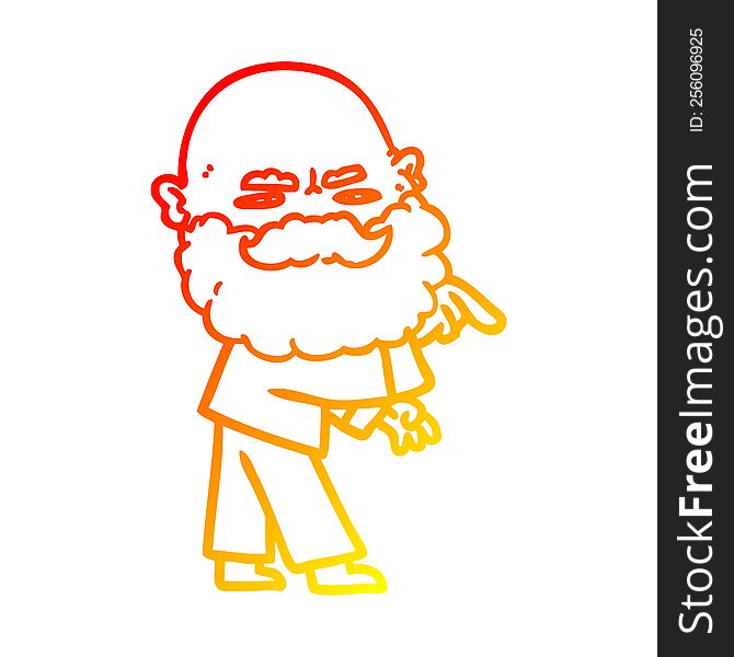 warm gradient line drawing cartoon man with beard frowning and pointing