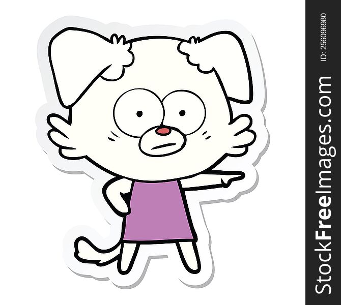sticker of a nervous cartoon dog in dress pointing