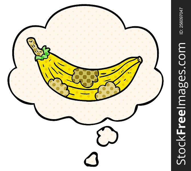 cartoon old banana with thought bubble in comic book style
