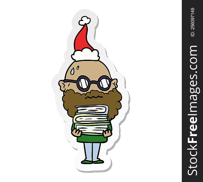 hand drawn sticker cartoon of a worried man with beard and stack of books wearing santa hat