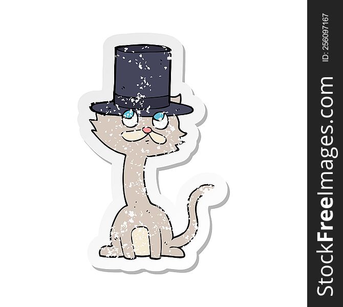 Retro Distressed Sticker Of A Cartoon Cat In Top Hat