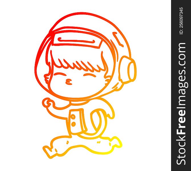 warm gradient line drawing of a cartoon curious running astronaut