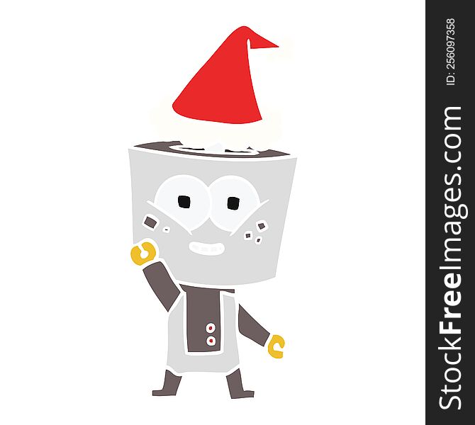 Happy Flat Color Illustration Of A Robot Waving Hello Wearing Santa Hat