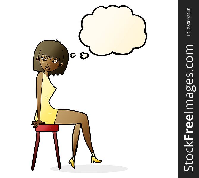 Cartoon Woman Sitting On Stool With Thought Bubble