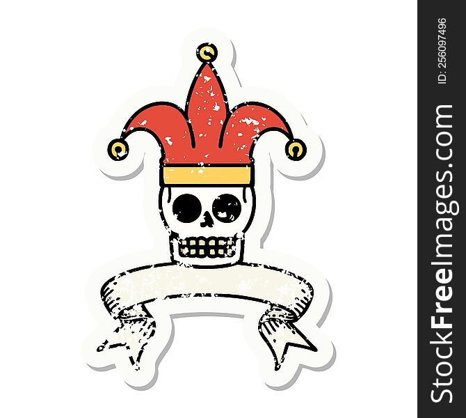 Grunge Sticker With Banner Of A Skull Jester