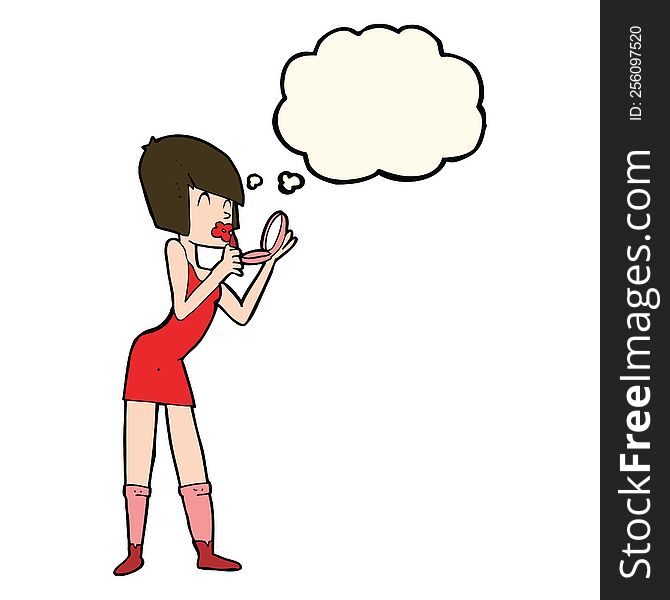 Cartoon Woman Applying Lipstick With Thought Bubble