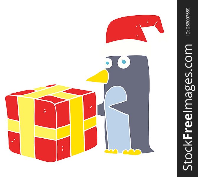 flat color illustration of christmas penguin with present. flat color illustration of christmas penguin with present