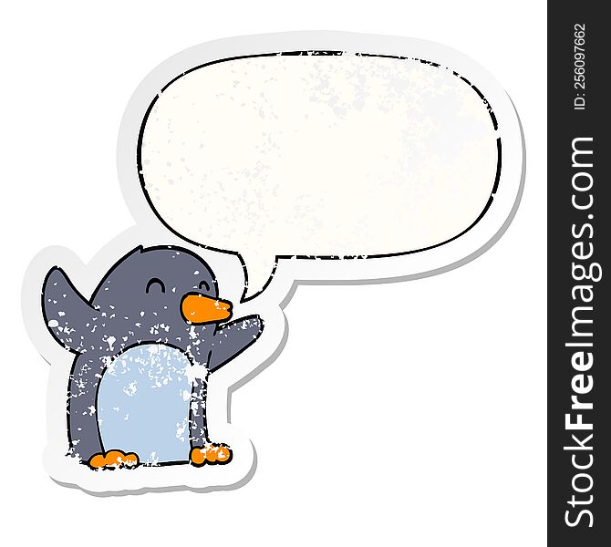 cartoon excited penguin with speech bubble distressed distressed old sticker. cartoon excited penguin with speech bubble distressed distressed old sticker